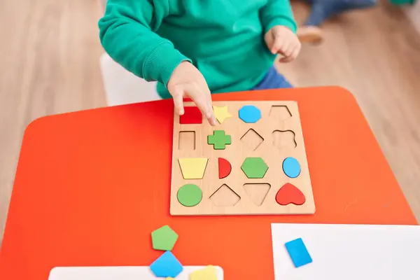 Adorable Caucasian Boy Playing Maths Puzzle Game Sitting Table Kindergarten — Stock Photo, Image