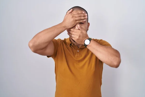 Hispanic Man Beard Standing White Background Covering Eyes Mouth Hands — Stock Photo, Image