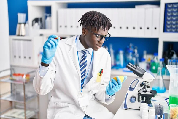African American Man Scientist Holding Pill Lemon Laboratory — Stock Photo, Image