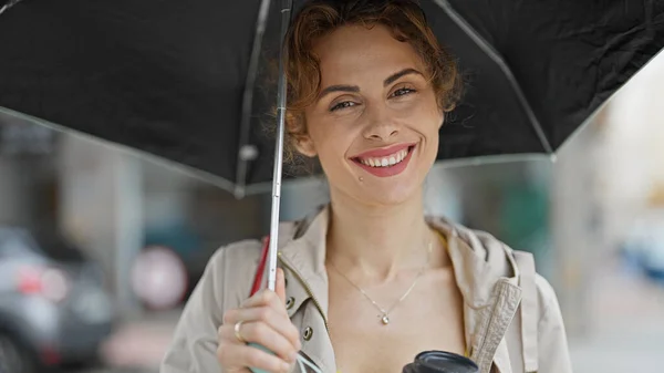 Young Woman Smiling Confident Holding Umbrella Street — Stock Photo, Image