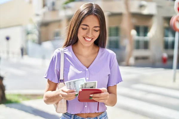 Young Beautiful Hispanic Woman Smiling Confident Holding Dollars Wallet Street — Stock Photo, Image