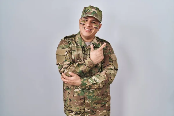 Hispanic Young Man Wearing Camouflage Army Uniform Big Smile Face — Stock Photo, Image