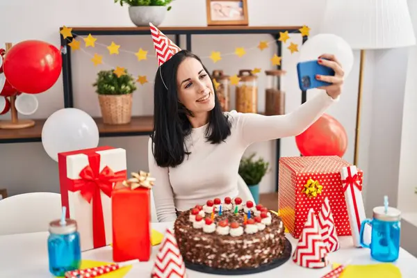 Young Caucasian Woman Celebrating Birthday Making Selfie Smartphone Home — Stok fotoğraf
