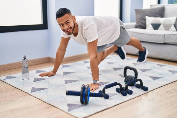 African American Man Smiling Confident Training Abs Exercise Home — Stockfoto