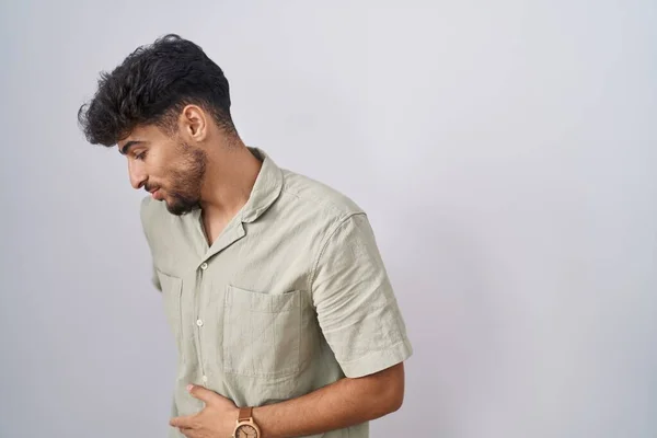 Arab Man Beard Standing White Background Suffering Backache Touching Back — Stock Photo, Image