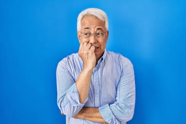 Hispanic Senior Man Wearing Glasses Looking Stressed Nervous Hands Mouth — Photo