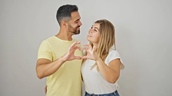 Man Woman Couple Hugging Each Other Doing Heart Gesture Isolated — Stock Photo, Image