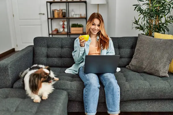 若いです白人女性を使用してノートパソコンのコーヒーを飲みますソファに座って犬と一緒に家に — ストック写真