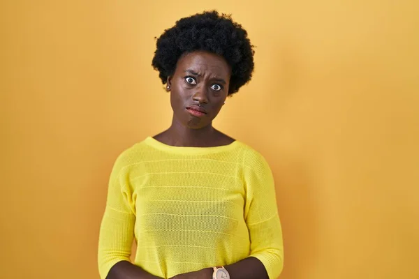 African Young Woman Standing Yellow Studio Depressed Worry Distress Crying — Stock Photo, Image