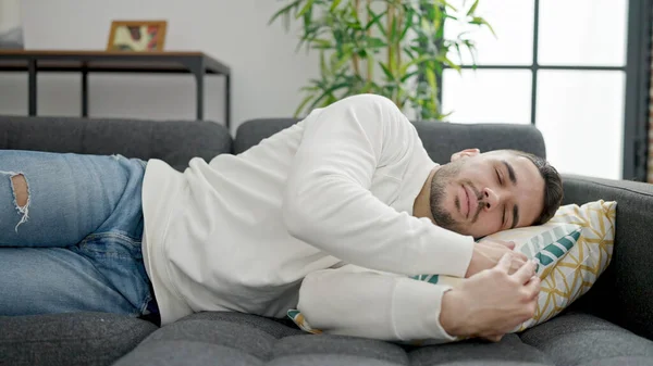 Young Hispanic Man Lying Sofa Sleeping Home — Stock Photo, Image