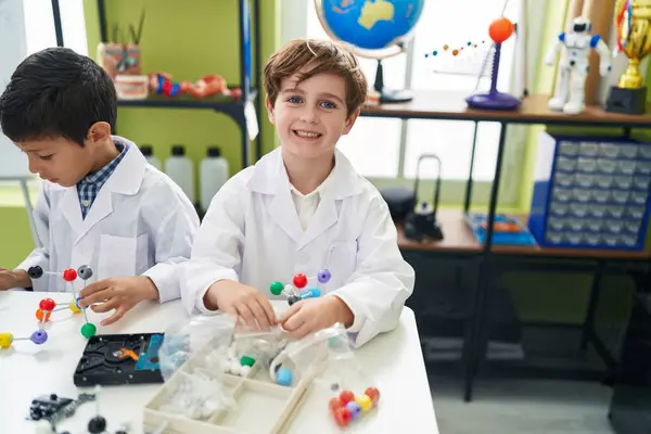 Adorable Boys Students Playing Molecules Toy Laboratory Classroom — Stock Photo, Image