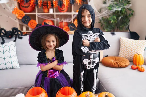 Adorable Boy Girl Wearing Halloween Costume Standing Arms Crossed Gesture — Stock Photo, Image