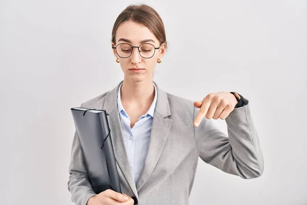 Young Caucasian Woman Wearing Business Clothes Glasses Pointing Looking Sad — Stock Photo, Image