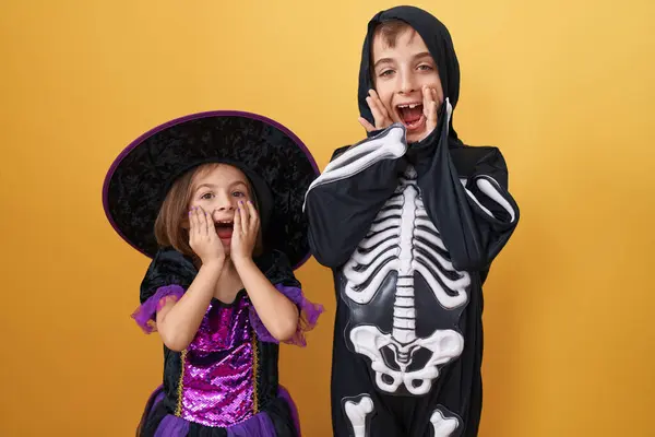 Adorable Boy Girl Wearing Halloween Costume Doing Scare Gesture Isolated — Stock Photo, Image