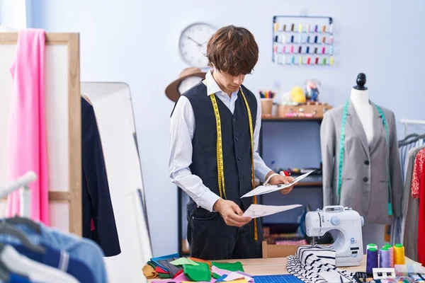 Young Blond Man Tailor Looking Clothing Design Clothing Factory — Stock Photo, Image