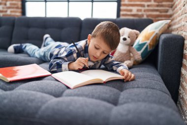 Sevimli beyaz çocuk evdeki kanepede uzanmış deftere yazı yazıyor.