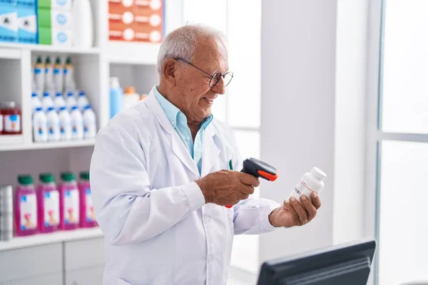 Senior Grey Haired Man Pharmacist Scanning Pills Bottle Pharmacy — Stock Photo, Image