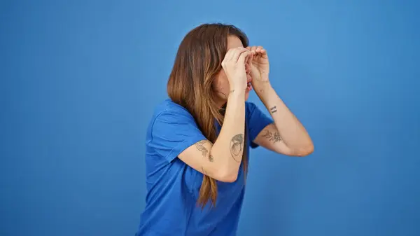 Young Beautiful Hispanic Woman Doing Binoculars Gesture Hands Looking Isolated — Stock Photo, Image
