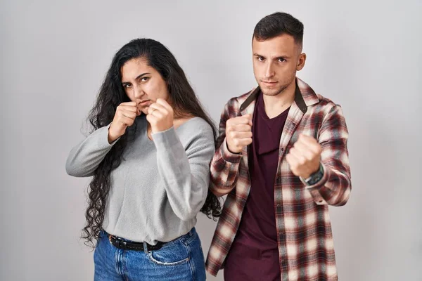 Young Hispanic Couple Standing White Background Ready Fight Fist Defense — Stock Photo, Image