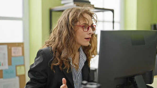 Young Woman Business Worker Wearing Glasses Using Computer Working Office — Stock Photo, Image
