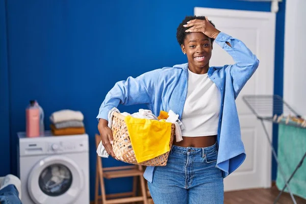 African American Woman Holding Laundry Basket Stressed Frustrated Hand Head — Fotografia de Stock