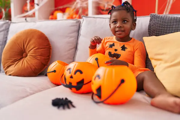 African American Girl Having Halloween Party Wearing Pumpkin Costume Home — Stock Photo, Image
