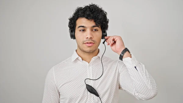 Ung Latinamerikansk Man Företagare Bär Hörlurar Över Isolerad Vit Bakgrund — Stockfoto