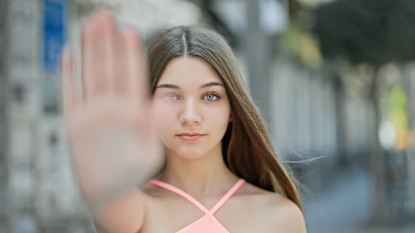 Young Beautiful Girl Doing Stop Gesture Hand Street — Stock Photo, Image