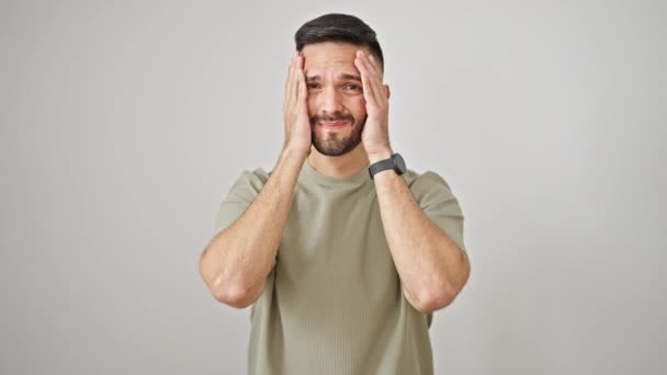 Young Hispanic Man Suffering Headache Isolated White Background — Stock Video