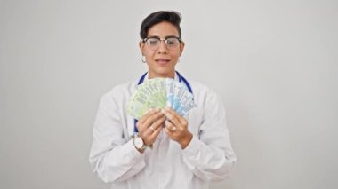 Güzel İspanyol kadın doktor gülümsüyor Şili pesolarını soyutlanmış beyaz arka planda tutuyor.