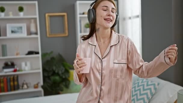Młoda Kobieta Trzyma Filiżankę Kawy Słuchając Śpiewu Muzyki Sypialni — Wideo stockowe