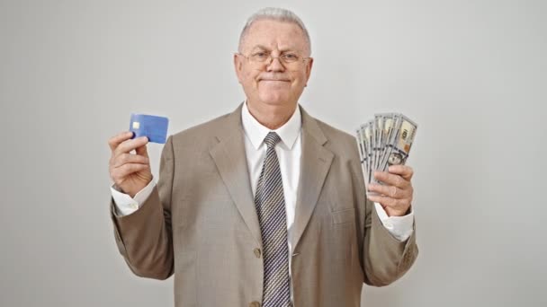 Middle Age Grey Haired Man Business Worker Holding Dollars Credit — Video