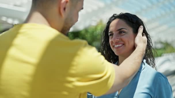 Man Woman Couple Smiling Confident Hugging Each Other Park — Video
