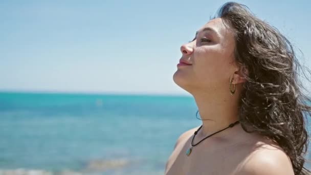 Young Beautiful Hispanic Woman Tourist Wearing Bikini Breathing Beach — Stock videók