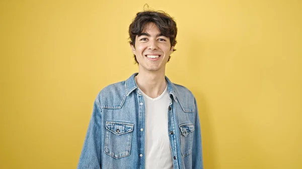 Young Hispanic Man Smiling Confident Standing Isolated Yellow Background — Zdjęcie stockowe