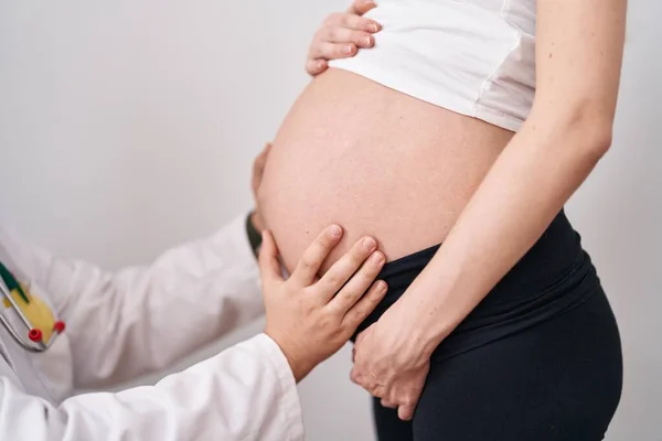 Man Woman Doctor Pregnant Patient Examining Belly Isolated White Background — Stock Photo, Image