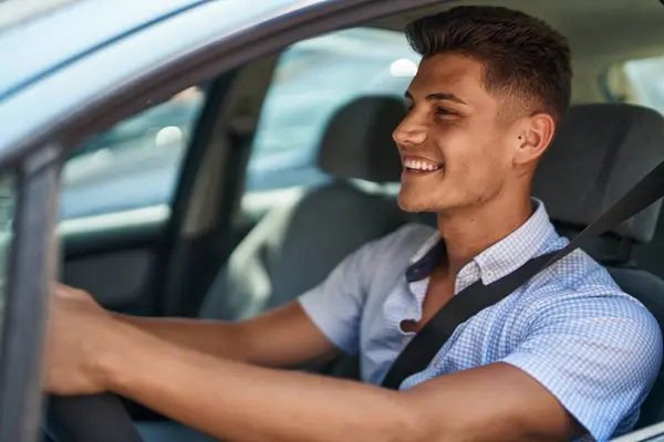 Young Hispanic Man Smiling Confident Driving Car Street — стоковое фото