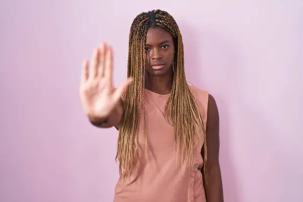 African American Woman Braided Hair Standing Pink Background Doing Stop — Stockfoto