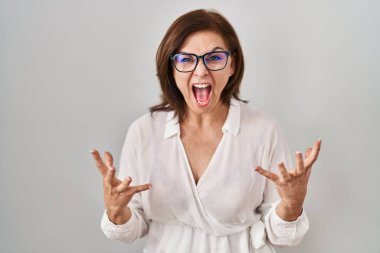 Middle age hispanic woman standing over isolated background crazy and mad shouting and yelling with aggressive expression and arms raised. frustration concept. 