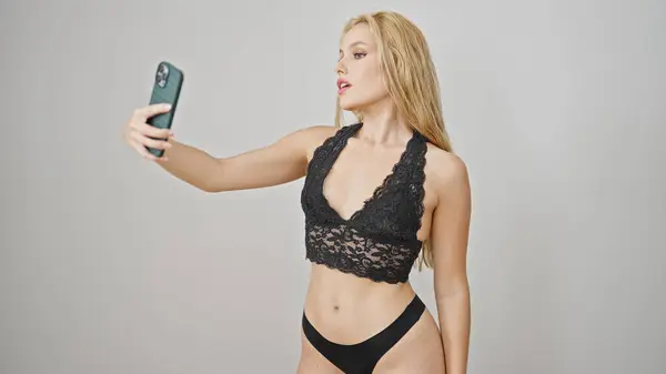 Young Blonde Woman Wearing Lingerie Make Selfie Smartphone Isolated White — Stock Photo, Image