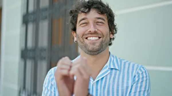 Young Hispanic Man Smiling Confident Doing Heart Gesture Hands Street — Stockfoto