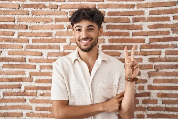 Arab Man Beard Standing Bricks Wall Background Smiling Happy Face — Stock Photo, Image