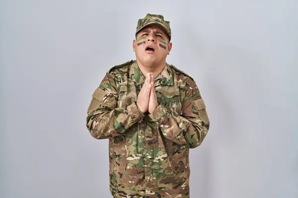 Hispanic Young Man Wearing Camouflage Army Uniform Begging Praying Hands — Stock Photo, Image