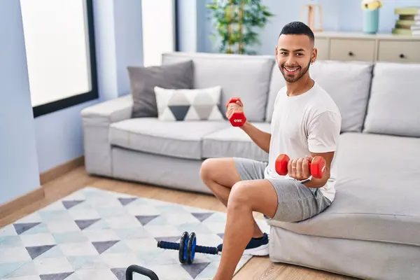 African American Man Smiling Confident Using Dumbbells Training Home — Stock Photo, Image