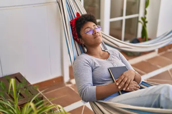 African American Woman Lying Hammock Sleeping Home Terrace — ストック写真
