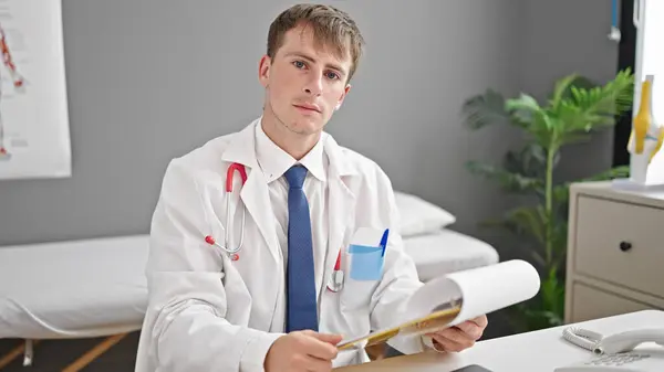 年轻的高加索男医生在诊所的剪贴板上阅读文档 — 图库照片