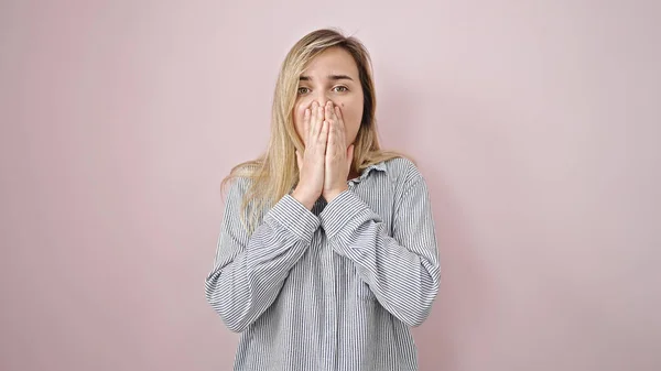 Young Blonde Woman Standing Surprise Expression Isolated Pink Background — Foto Stock