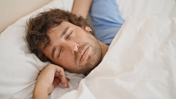 Young Hispanic Man Lying Bed Sleeping Bedroom — Stock Photo, Image