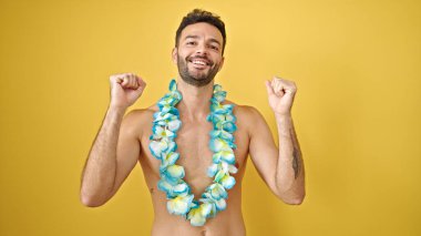 Genç İspanyol turist Hawaii zambağı takıyor. Üstsüz duruyor ve sarı arka planda güzel bir jest yapıyor.