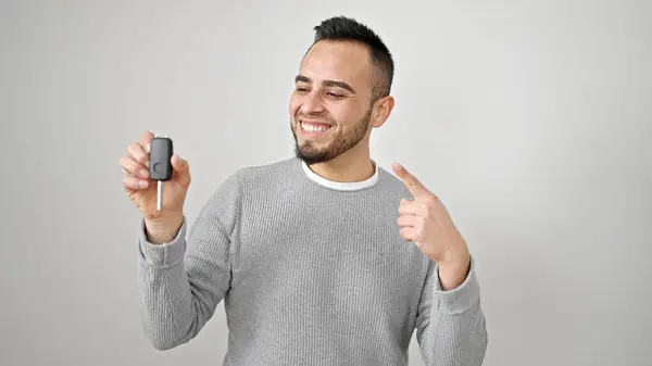 Hispanic Man Smiling Confident Pointing Key New Car Isolated White — Stock Photo, Image